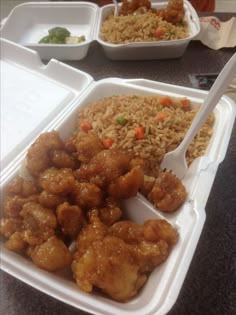 the meal is prepared and ready to be eaten on the table with plastic containers full of rice