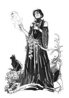 a black and white drawing of a woman in a long dress with a cat next to her