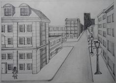 a pencil drawing of a city street with buildings and a person walking on the sidewalk