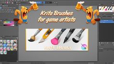 an image of some art supplies in the background with text that reads krita brushes for game artists