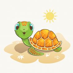 a cute little turtle with big eyes on the sand in front of sun and stars