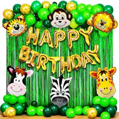 an image of a happy birthday with animals on it's green backdrop and balloons