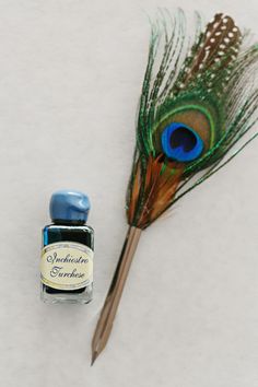 a bottle of ink with a peacock feather on it next to a small blue pen