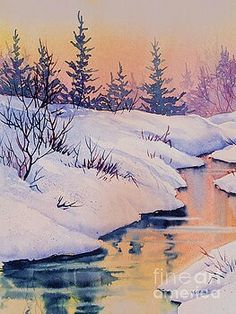 a painting of snow covered trees and water in the foreground with yellow sky above