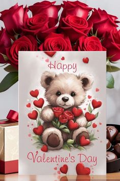 a valentine's day card with roses, chocolates and a teddy bear on it