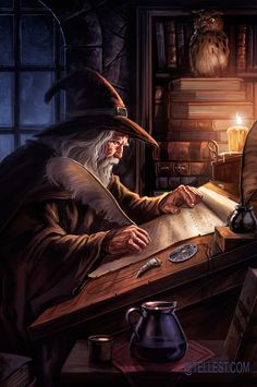 an old man sitting at a desk with a book in front of him and a candle