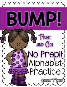 a purple and black poster with the words bump, print and go no prep alphabet practice