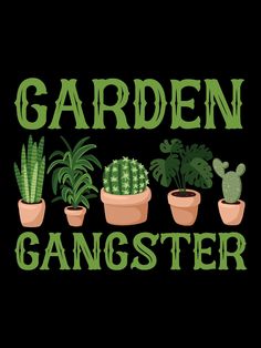 the words garden gangster surrounded by potted cacti and succulents