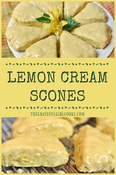 lemon cream scones on a cooling rack with text overlay that reads, lemon cream scones