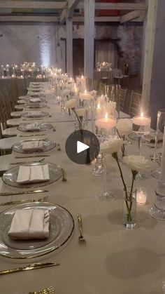 a long table is set with candles and place settings for an elegant dinner party or special event