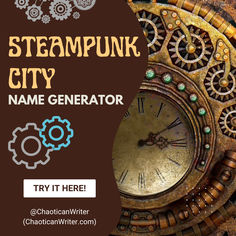 a steampunk city name generator with gears and cogs in the center, on top of a brown background