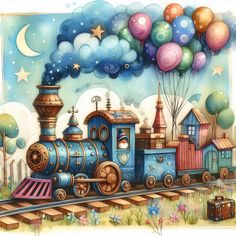 a painting of a train with balloons flying over it