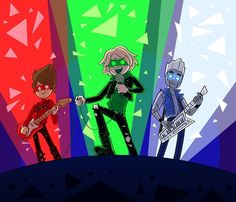 three cartoon characters are standing in front of an abstract background and one is holding a guitar