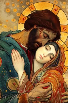 a painting of jesus hugging a woman in front of a stained glass window with the sun behind him