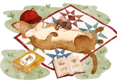 a watercolor painting of a cat sleeping on a rug with books and a hat