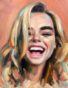 a painting of a smiling woman with blonde hair