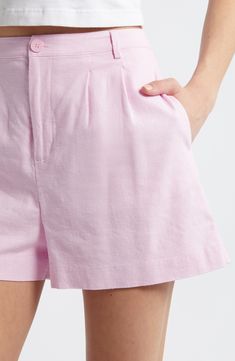 Crisp pleats add structure to these breezy trouser-shorts cut from a lightweight and airy linen blend. 2 1/2" inseam; 26" leg opening; 14" front rise; 15" back rise (size Medium) Zip fly with button closure Side-seam pockets Lined 53% linen, 44% rayon, 3% spandex Machine wash, tumble dry Imported Trouser Shorts, Short Cuts, Linen Blend, Nordstrom Rack, High Waist, Size 12, Nordstrom, Size 10, Trousers