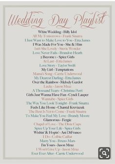 the wedding day playlist is shown in red and white