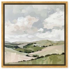 an abstract landscape painting with green hills and clouds in the background, framed in gold frame