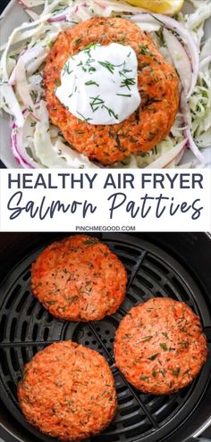 salmon patties are being cooked on an air fryer