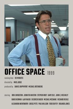 an advertisement for office space 1989 with a man holding a coffee cup