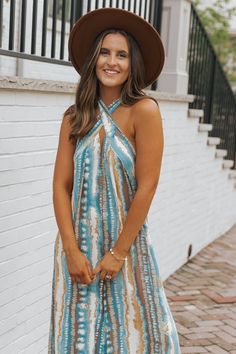 Teal Print Cross Front Halter Jumpsuit - Magnolia Boutique Trendy Jumpsuit, Halter Jumpsuit, Beach Vacations, Wide Brimmed Hats, Brim Hat, Wide Leg Jumpsuit, Halter Neckline, Fit Style, Wide Brimmed