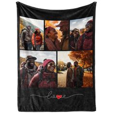 a black wall hanging with four pictures of people and the word love in red on it