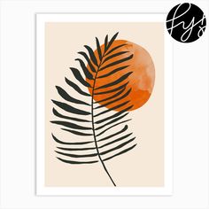 an orange and black palm leaf on a beige background with the sun in the background