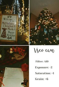 the christmas tree is decorated with lights and other holiday decorations, along with a sign that says viceo can