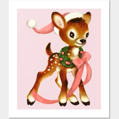 a painting of a baby deer with a pink ribbon around it's neck and nose