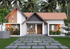 a small white house surrounded by palm trees