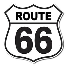 a black and white route 66 sign with the word route 66 on it's side