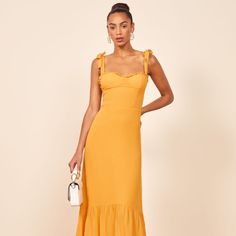 Nikita Dress Perfect Classic And Flattering Midi Dress In A Color Sold Out Online! The Ochre Nikita Is A Golden Yellow, Gold, Or Mustard Yellow Color Pricing Is Somewhat Firm As I Would Keep It If I Had An Event To Wear It To! $278 Ankle Alert. The Nikita Is Fitted In The Bodice And Waist With A Relaxed Fitting Skirt. This Midi Length Dress Has A Ruffle Edged Neckline, Adjustable Strap Ties, And A Trumpet Skirt. It Gives You A Pretty Good Balance Of Comfort And Shape. - Center Back Zipper - Line Fitted Yellow Midi Dress With Ruffles, Yellow Fitted Midi Dress With Ruffles, Yellow Ruffled Dress For Brunch, Yellow Sleeveless Dresses For Brunch, Chic Sleeveless Mustard Maxi Dress, Yellow Midi Length Dress, Sleeveless Mustard Dresses For Brunch, Sleeveless Mustard Dress For Brunch, Mustard Sleeveless Dress For Brunch