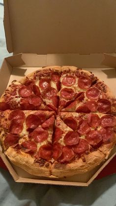 a pepperoni pizza in a box on a table