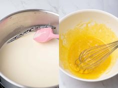 a mixing bowl filled with yellow liquid next to a whisk