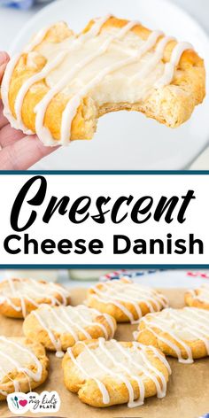 a person holding up a piece of cheese danish with icing on it and the other side