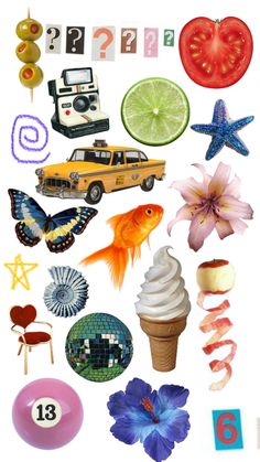 an assortment of different items are arranged in the shape of a collage on white paper