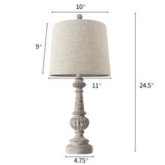 the measurements for a table lamp with a white shade on top and a light brown shade on