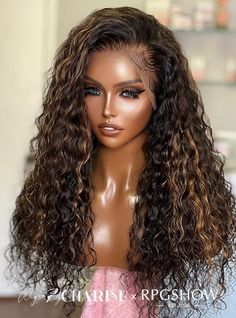 Long Side Part Curly Caramel Brown Highlights Lace Front Wigs - WigzbyCharise037 Hair Color Caramel Brown, Effortless Curls