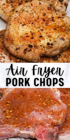 pork chops with spices and seasoning on them are shown in this collage