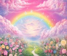 a painting of a rainbow over a flower field