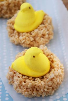 rice krispy treats with a yellow bird on top