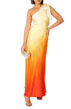 Ethereal swirls emulate flames on this head-turning ombré maxi dress accented with an oversized bow on the shoulder. Hidden side-zip closure One-shoulder neck Sleeveless Lined 100% polyester Hand wash, line dry Imported Orange Bridesmaids Dress, Sunset Bridesmaid Dresses, Gradient Dress, One Shoulder Dresses, 2024 Clothes, Sunset Dress, Fashion Dresses For Women, Wedding Sunset, Orange Bridesmaid