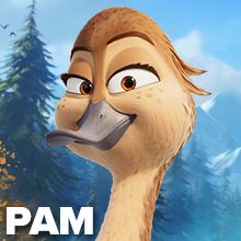 an animated bird with the words pam on it's face and trees in the background