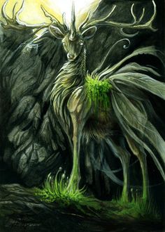 a drawing of a deer with horns and grass on it's back, standing in front of a cave