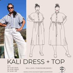 a woman standing in front of a wall wearing a dress and pants with the words kaldress + top on it