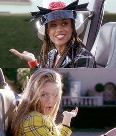 a woman in a cowboy hat is sitting in a car and pointing at the camera