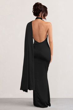 Mademoiselle Black Satin Asymmetric Scarf Neck Backless Maxi Dress – Club L London - UK Club London Dress, Black Backless Dress Formal, Backless Formal Dress, Stretch Satin Fabric, Floor Length Prom Dresses, Black Tie Gala, Prom Dress Inspiration, Backless Maxi Dresses, Black Prom Dresses