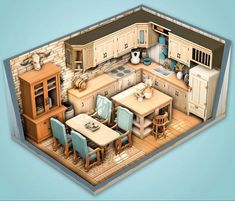 an overhead view of a kitchen and dining room in a cutaway model with furniture