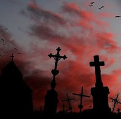 silhouettes of crosses and birds against a red sky